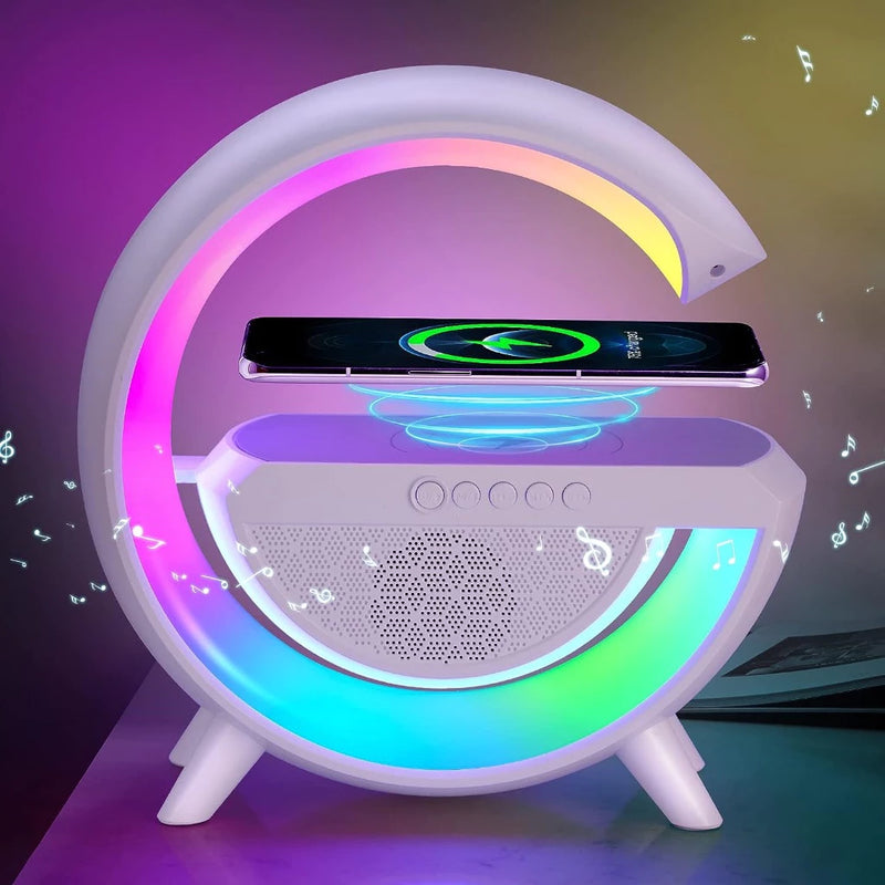 GlowBeat Pro 4 em 1 (Caixa de Som + Luminária + Carregador Sem Fio + Relógio Digital)