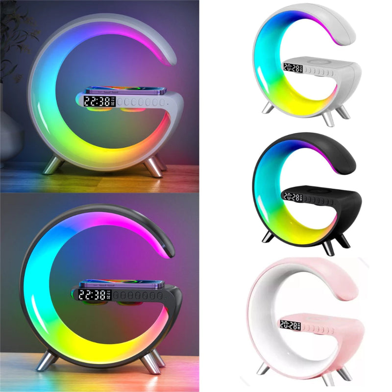 GlowBeat Pro 4 em 1 (Caixa de Som + Luminária + Carregador Sem Fio + Relógio Digital)