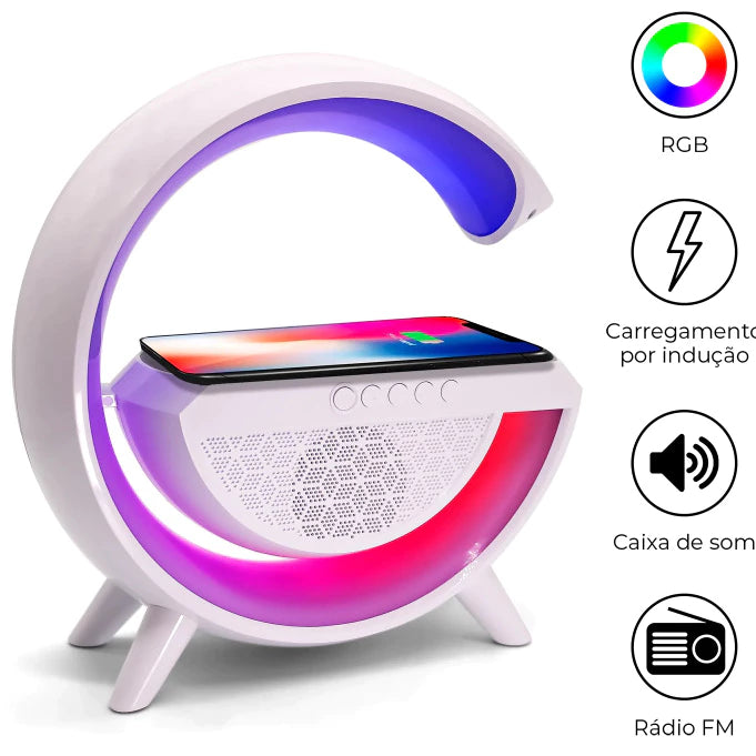 GlowBeat Pro 4 em 1 (Caixa de Som + Luminária + Carregador Sem Fio + Relógio Digital)