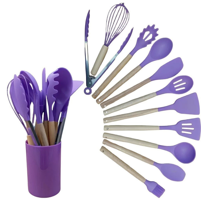 Conjunto 12 Pçs Silicone e Madeira + Copo Suporte - Masterchef